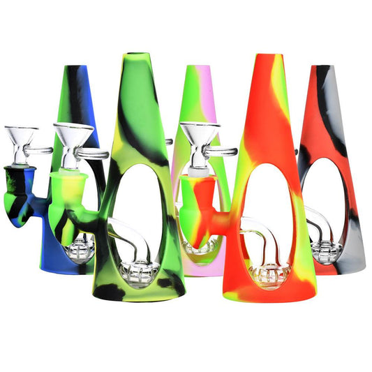 Silicone/Glass Cone Water Pipe - 6.5" / 14mm F / Colors Vary