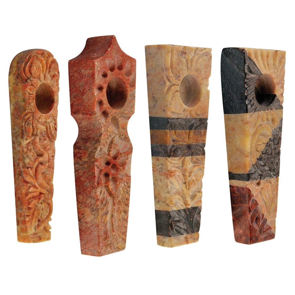 8PC - Carved Marble Stone Pipe - 3" / Assorted Styles