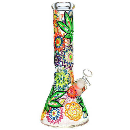 Mandala Hemp Leaf Beaker Water Pipe - 12.75"/14mm F