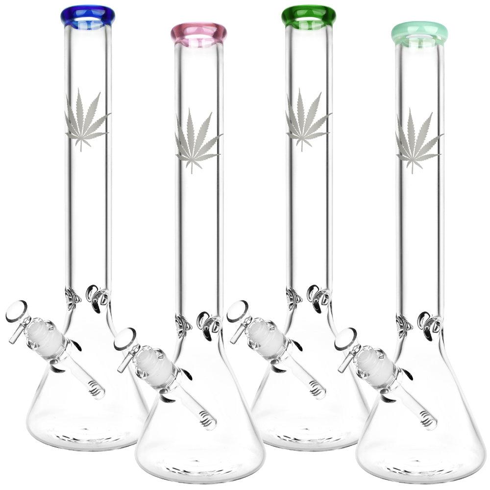 Silver Hemp Leaf Glass Beaker Water Pipe | 14mm F | Colors Vary